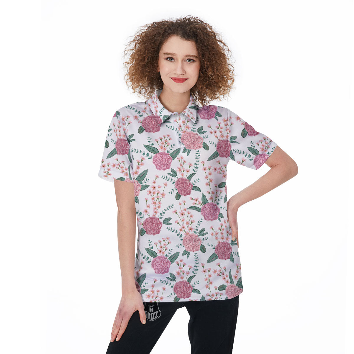 Pink Carnation White Print Pattern Women's Golf Shirts-grizzshop