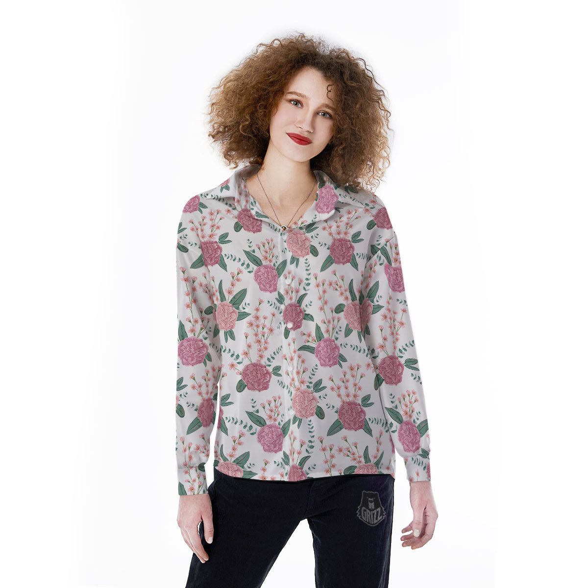 Pink Carnation White Print Pattern Women's Long Sleeve Shirts-grizzshop