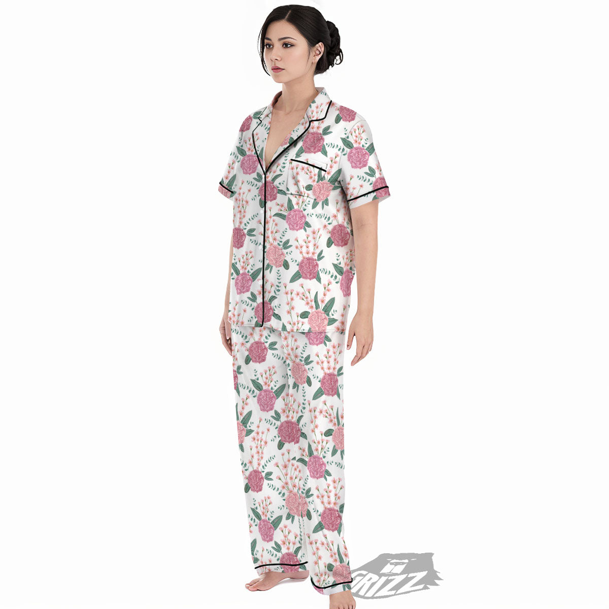 Pink Carnation White Print Pattern Women's Pajamas Set-grizzshop
