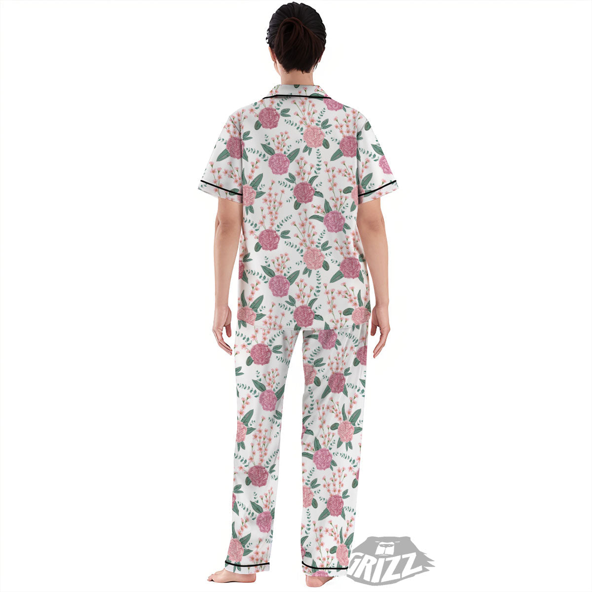 Pink Carnation White Print Pattern Women's Pajamas Set-grizzshop