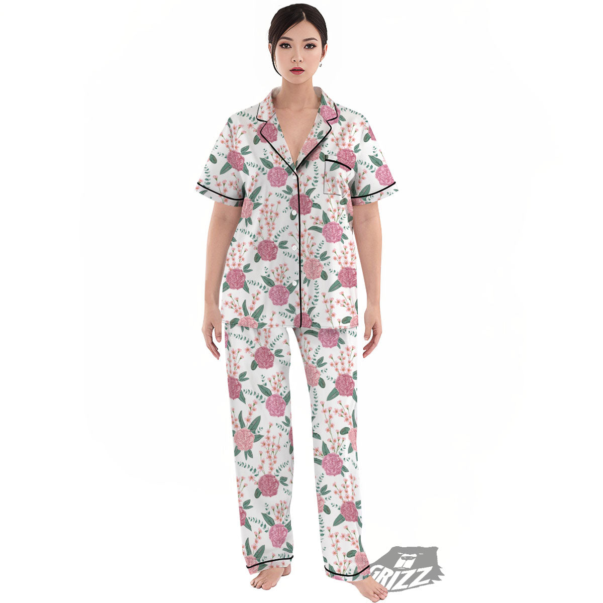 Pink Carnation White Print Pattern Women's Pajamas Set-grizzshop