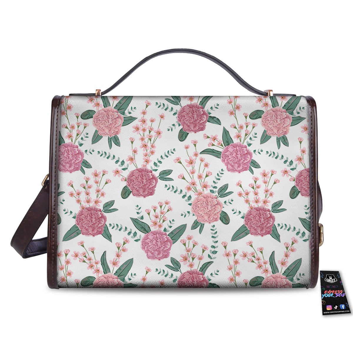 Pink Carnation White Print Pattern Women's Satchel Bag-grizzshop