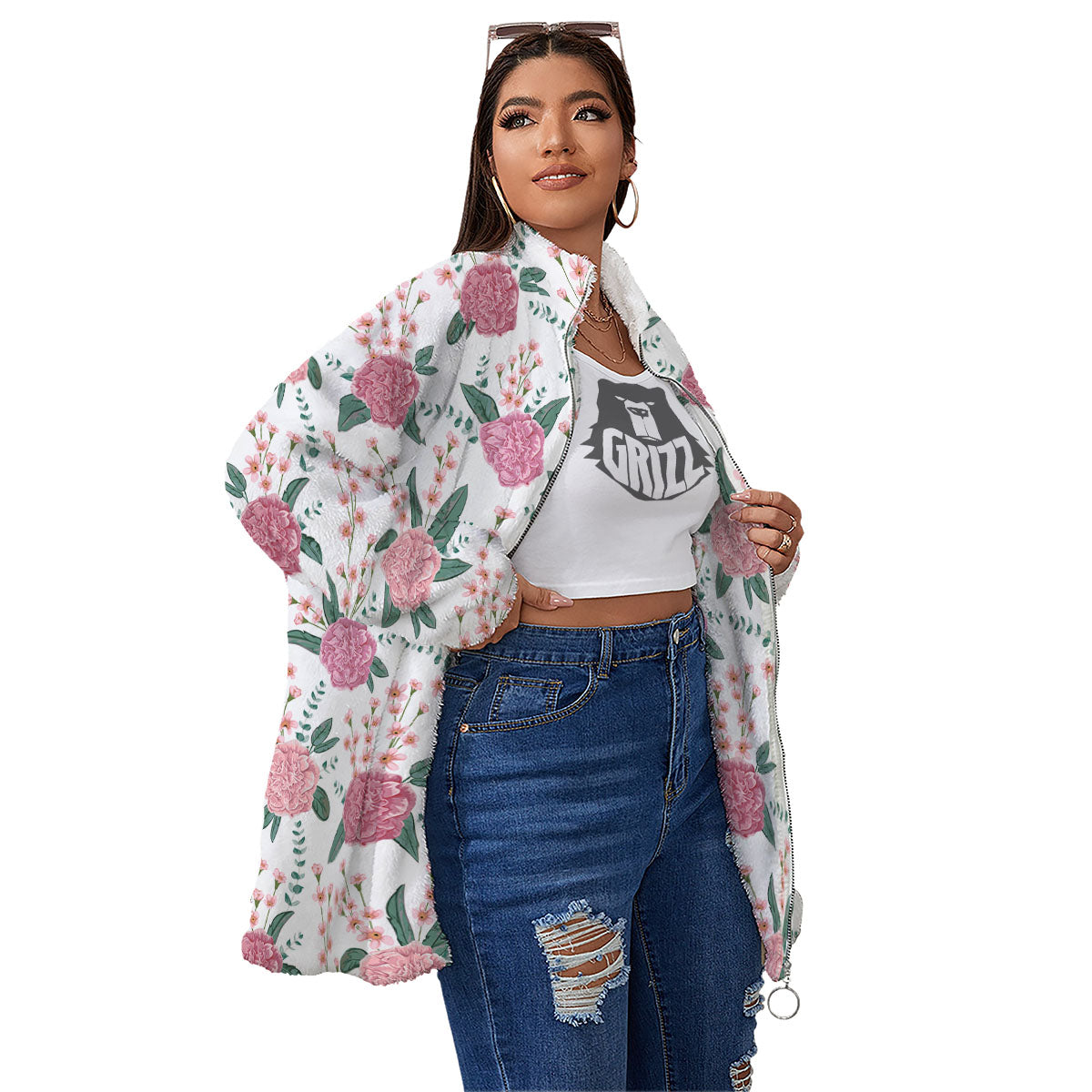 Pink Carnation White Print Pattern Women's Sherpa Jacket-grizzshop
