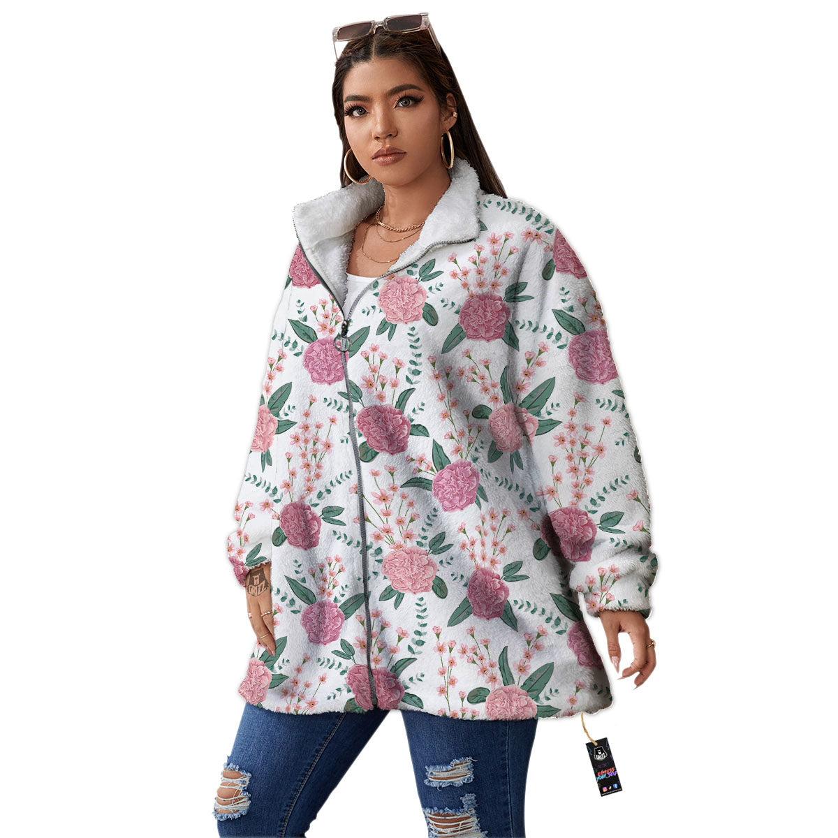 Pink Carnation White Print Pattern Women's Sherpa Jacket-grizzshop