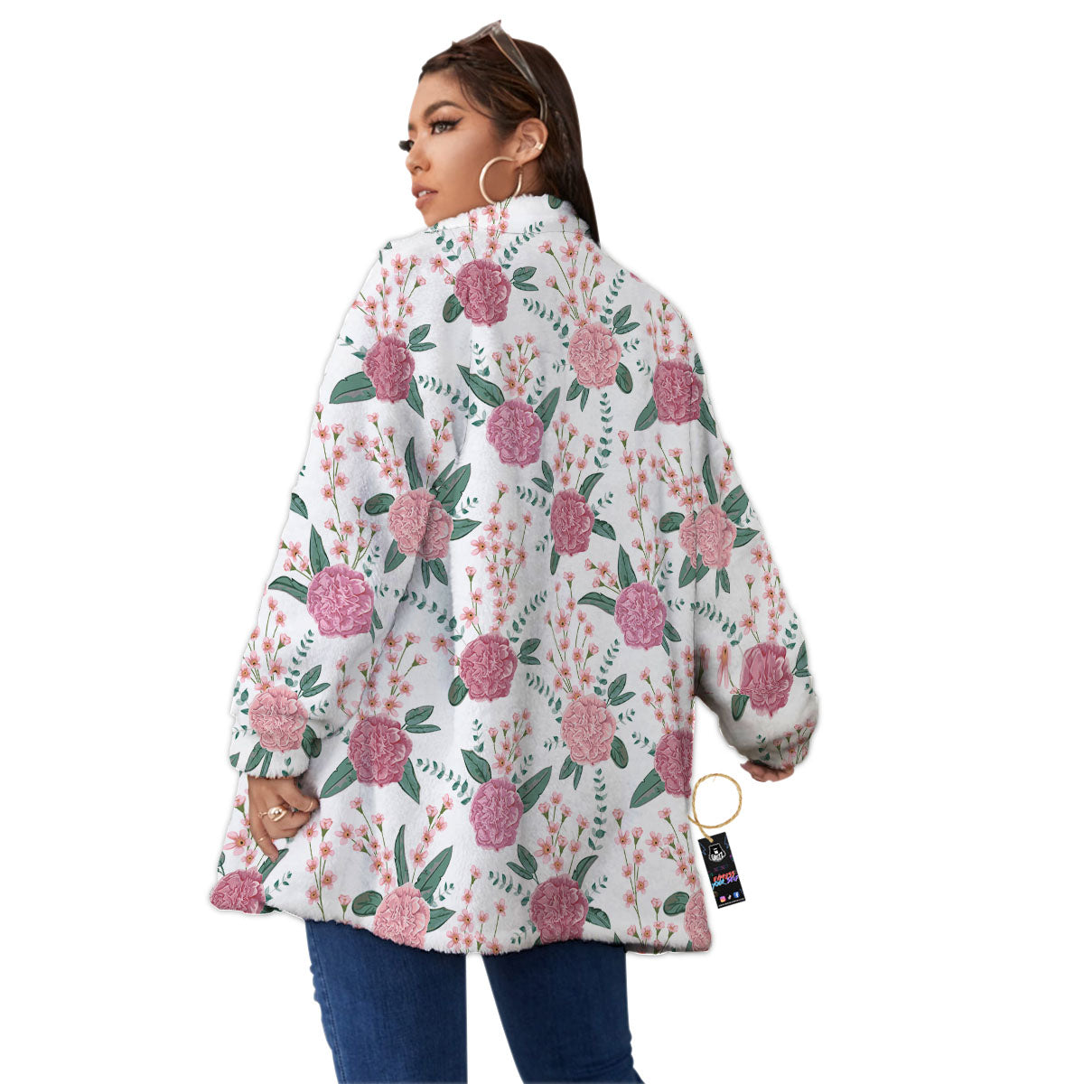 Pink Carnation White Print Pattern Women's Sherpa Jacket-grizzshop