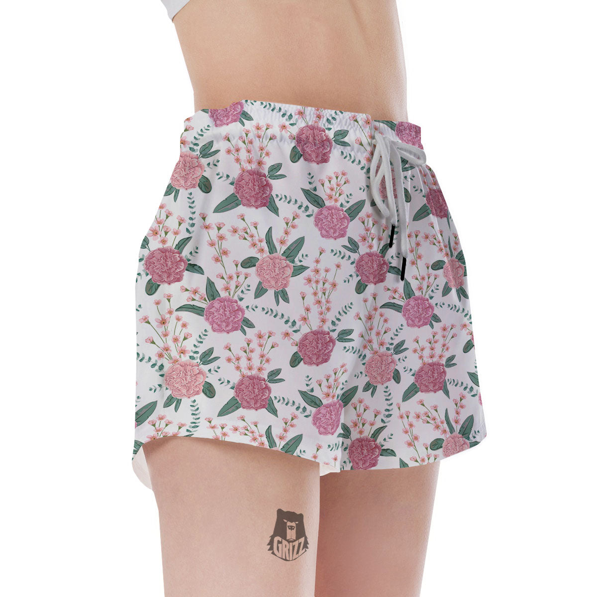 Pink Carnation White Print Pattern Women's Shorts-grizzshop