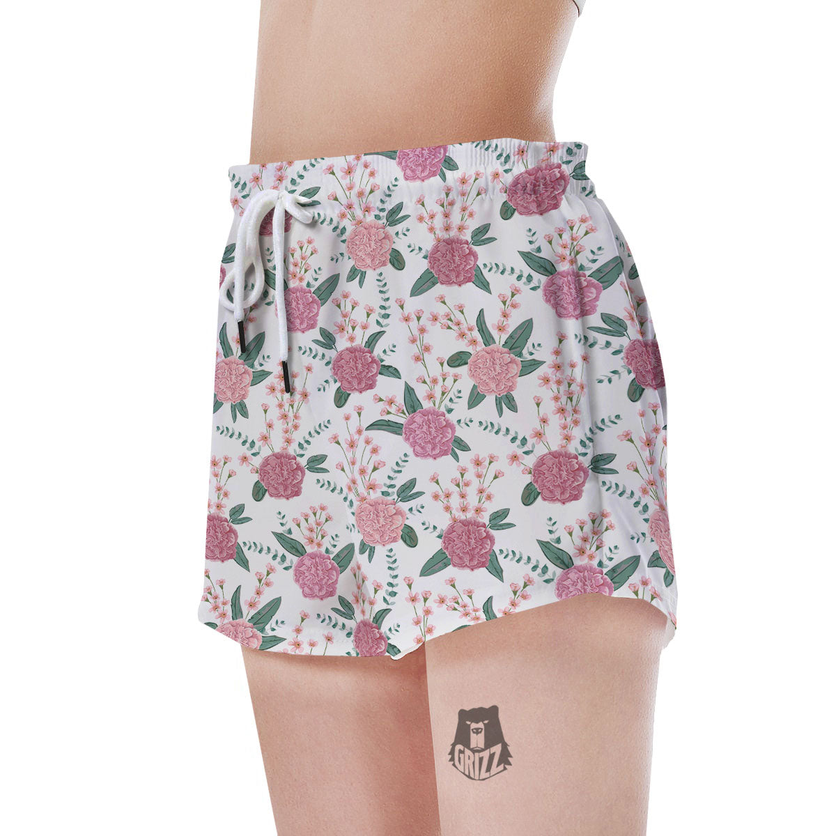Pink Carnation White Print Pattern Women's Shorts-grizzshop