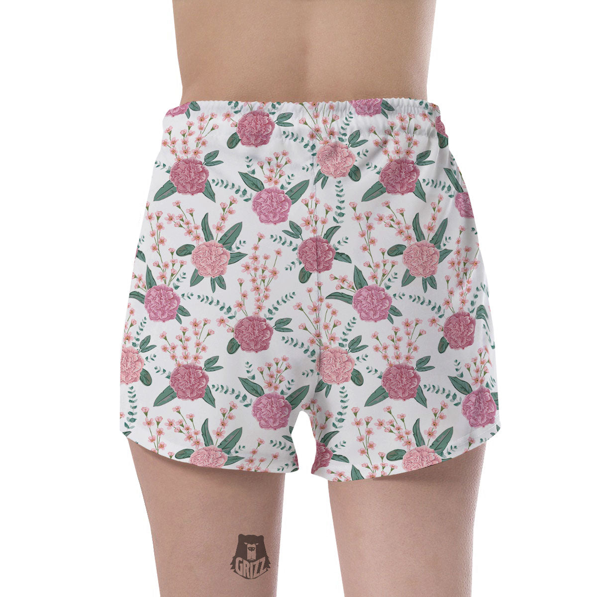 Pink Carnation White Print Pattern Women's Shorts-grizzshop