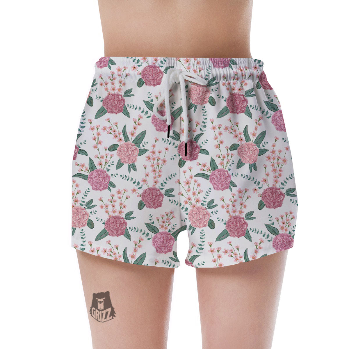 Pink Carnation White Print Pattern Women's Shorts-grizzshop