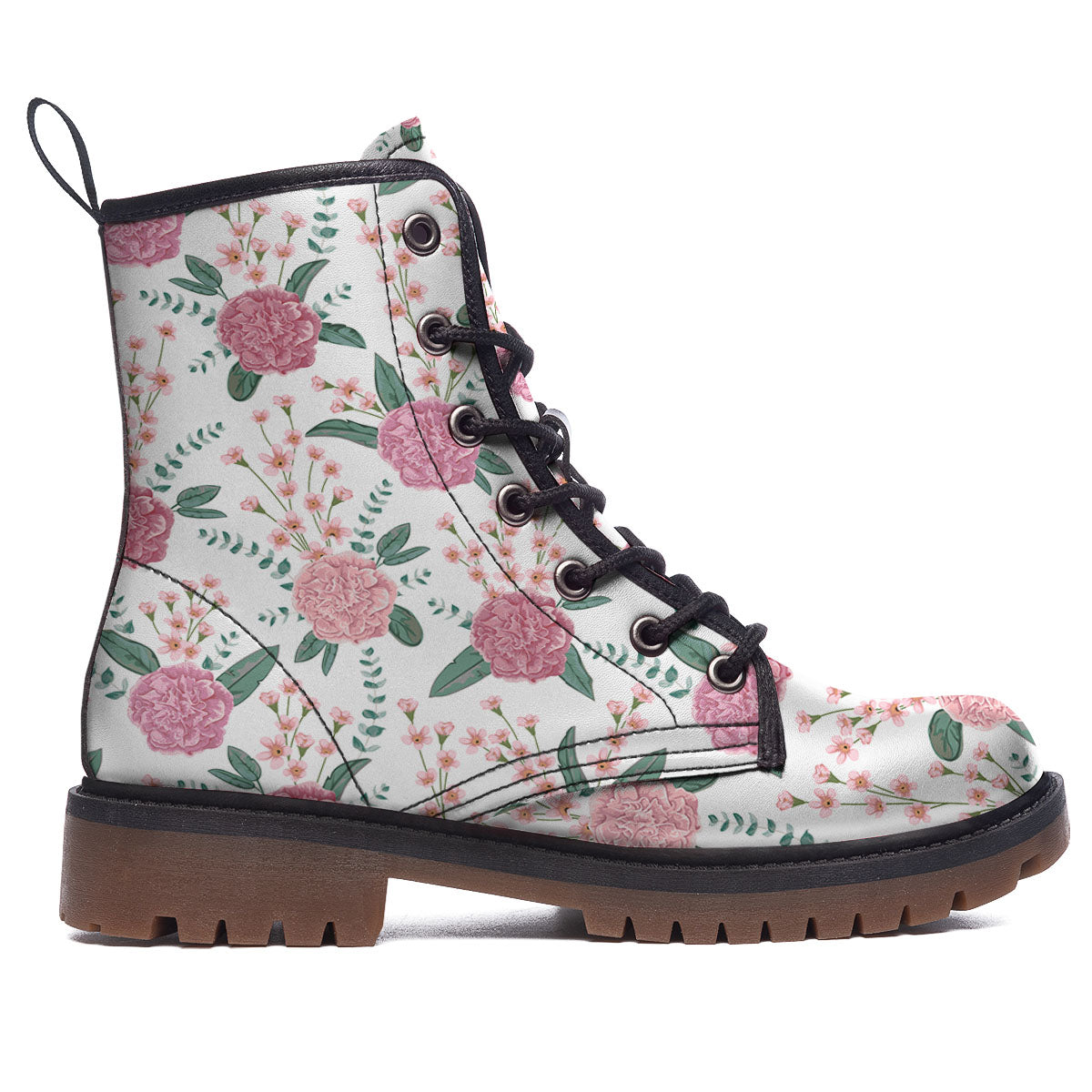 Pink Carnation White Print Pattern Work Boots-grizzshop