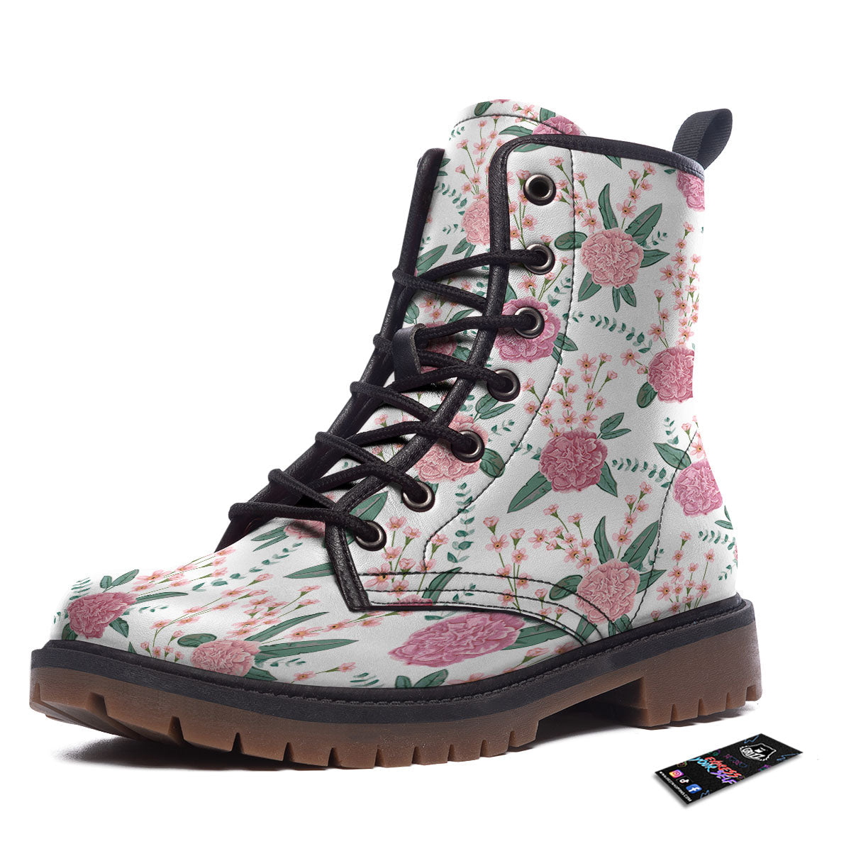 Pink Carnation White Print Pattern Work Boots-grizzshop