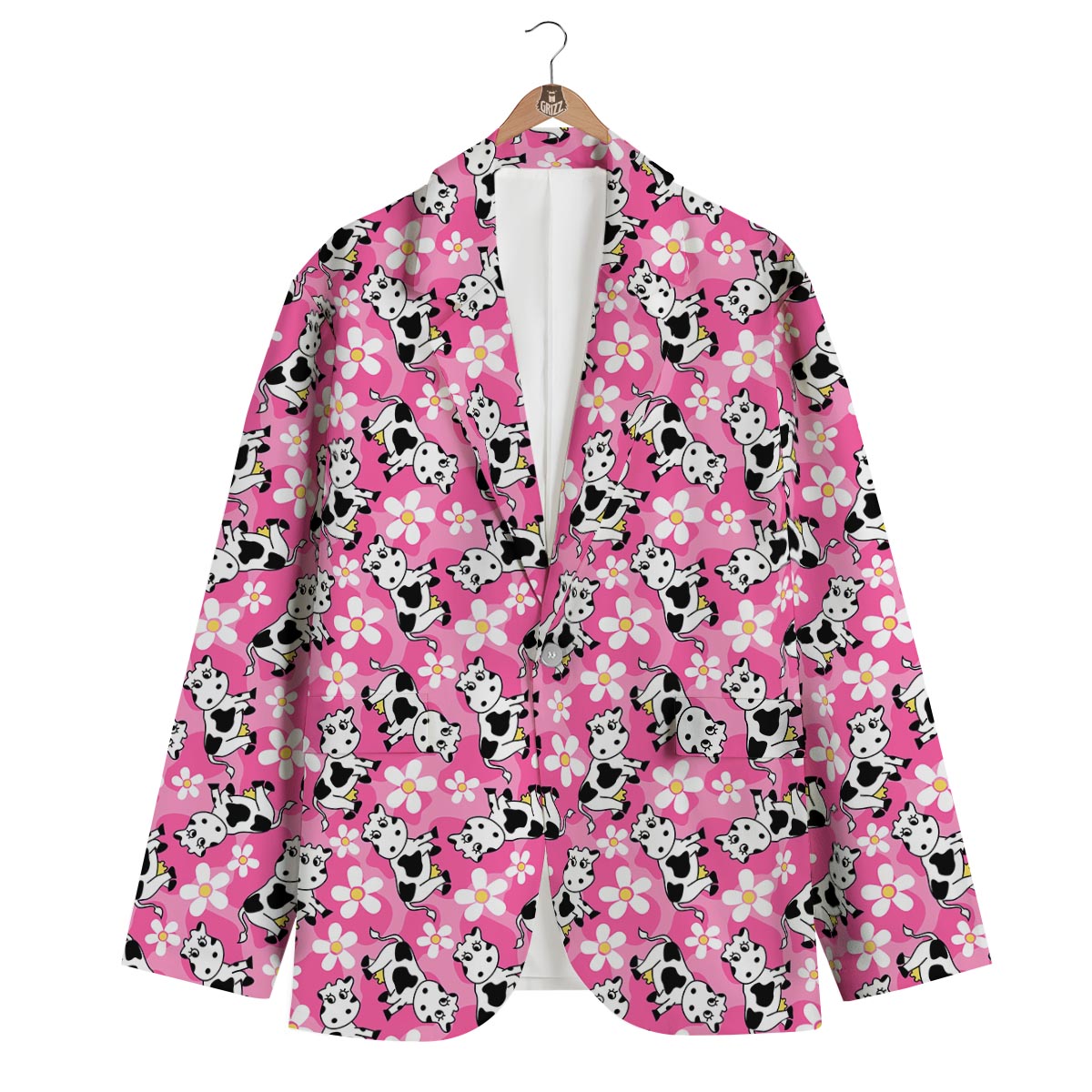 Pink Cartoon Cow Pattern Print Men's Blazer-grizzshop