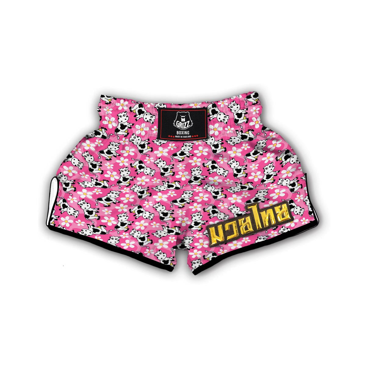 Pink Cartoon Cow Pattern Print Muay Thai Boxing Shorts-grizzshop
