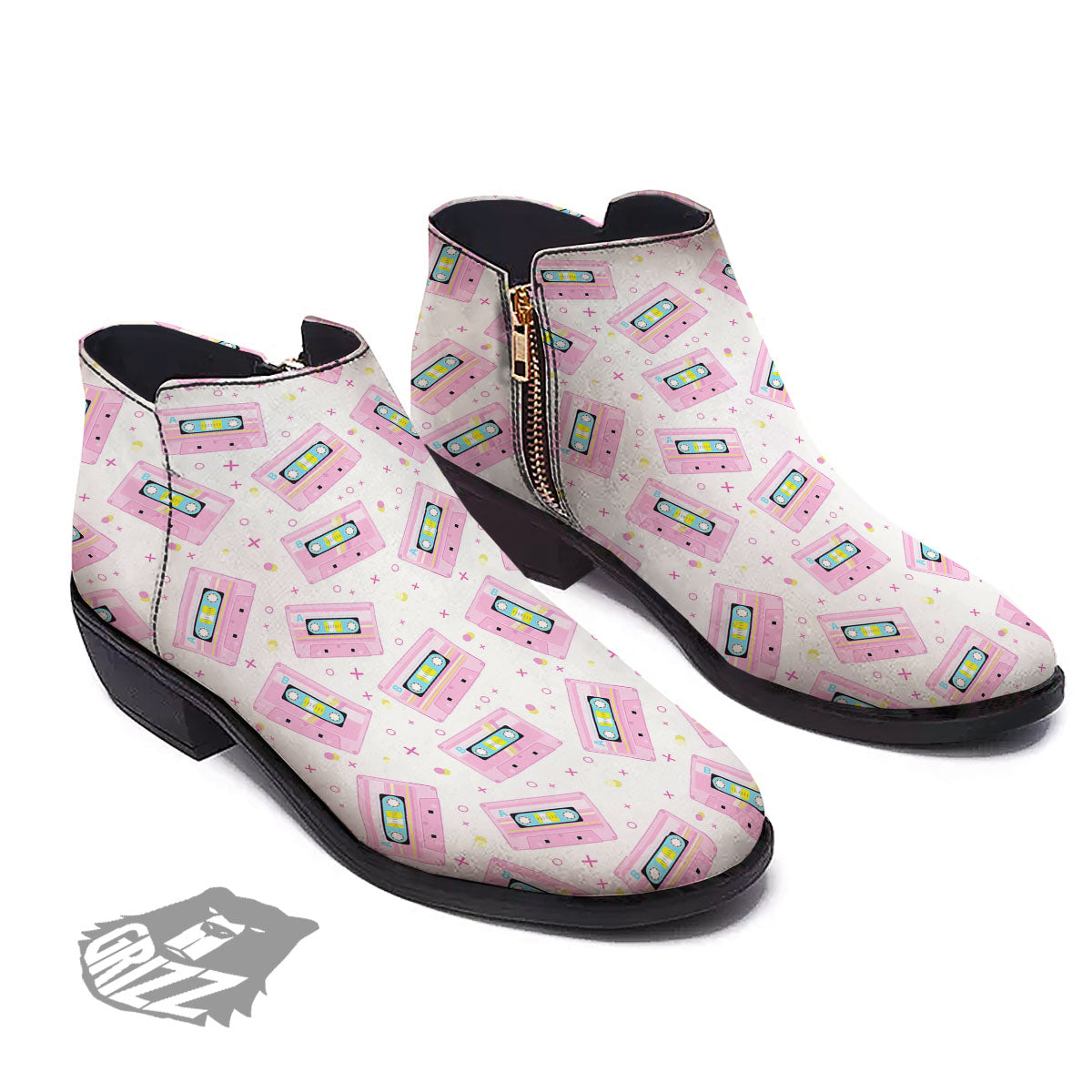 Pink Cassette Tape White Print Pattern Ankle Boots-grizzshop