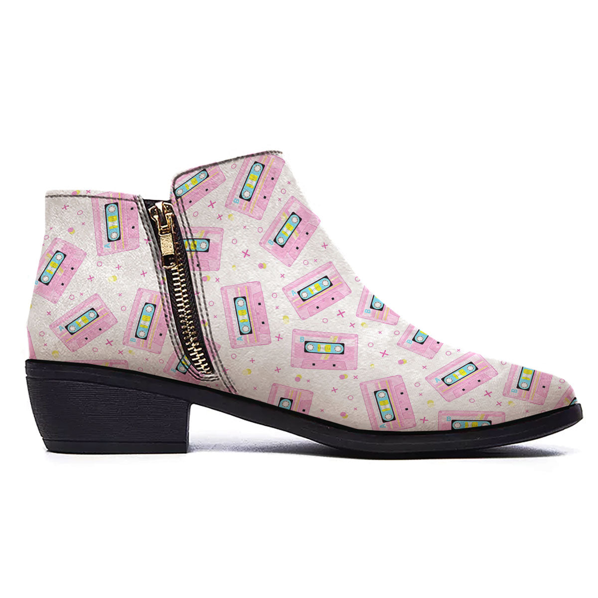 Pink Cassette Tape White Print Pattern Ankle Boots-grizzshop