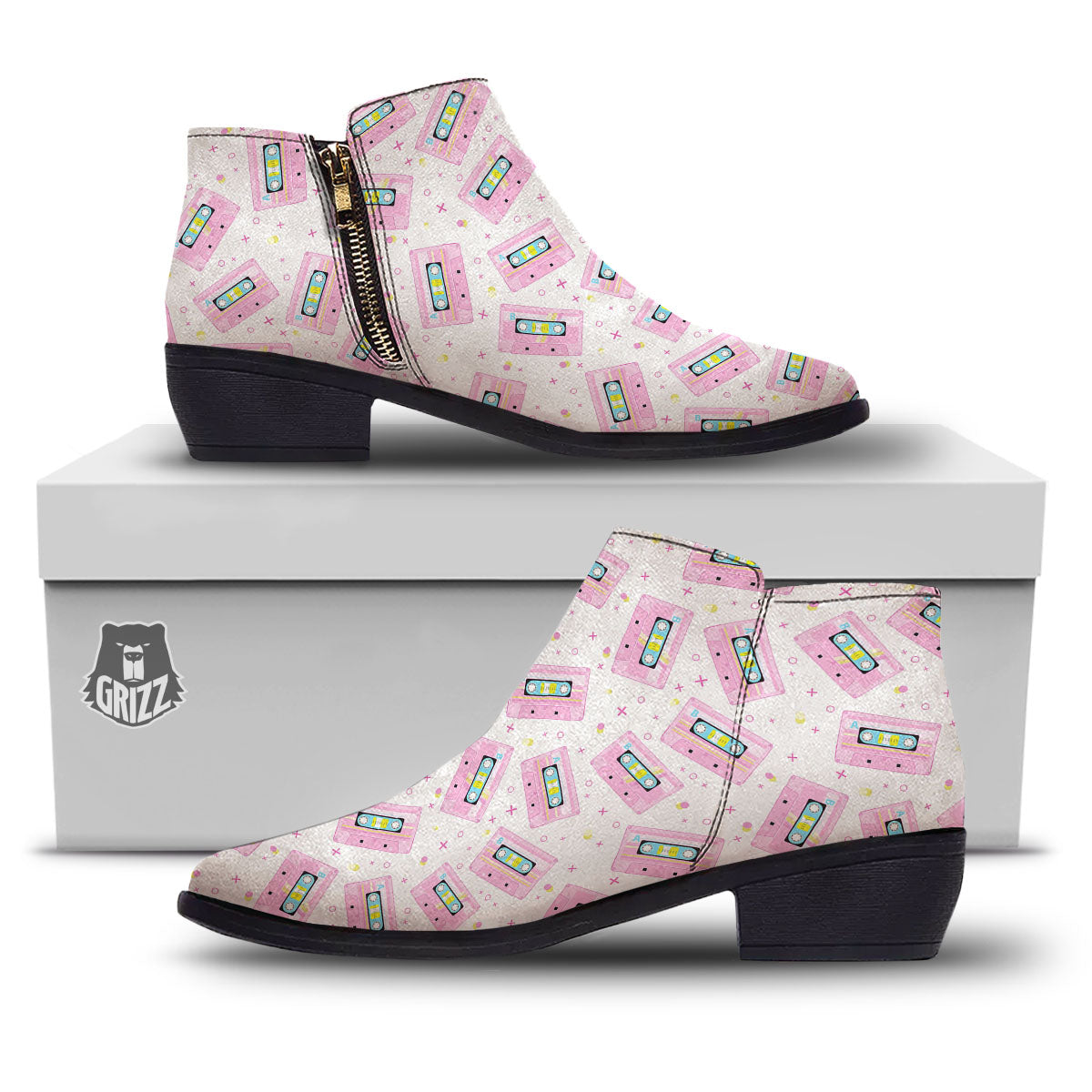 Pink Cassette Tape White Print Pattern Ankle Boots-grizzshop