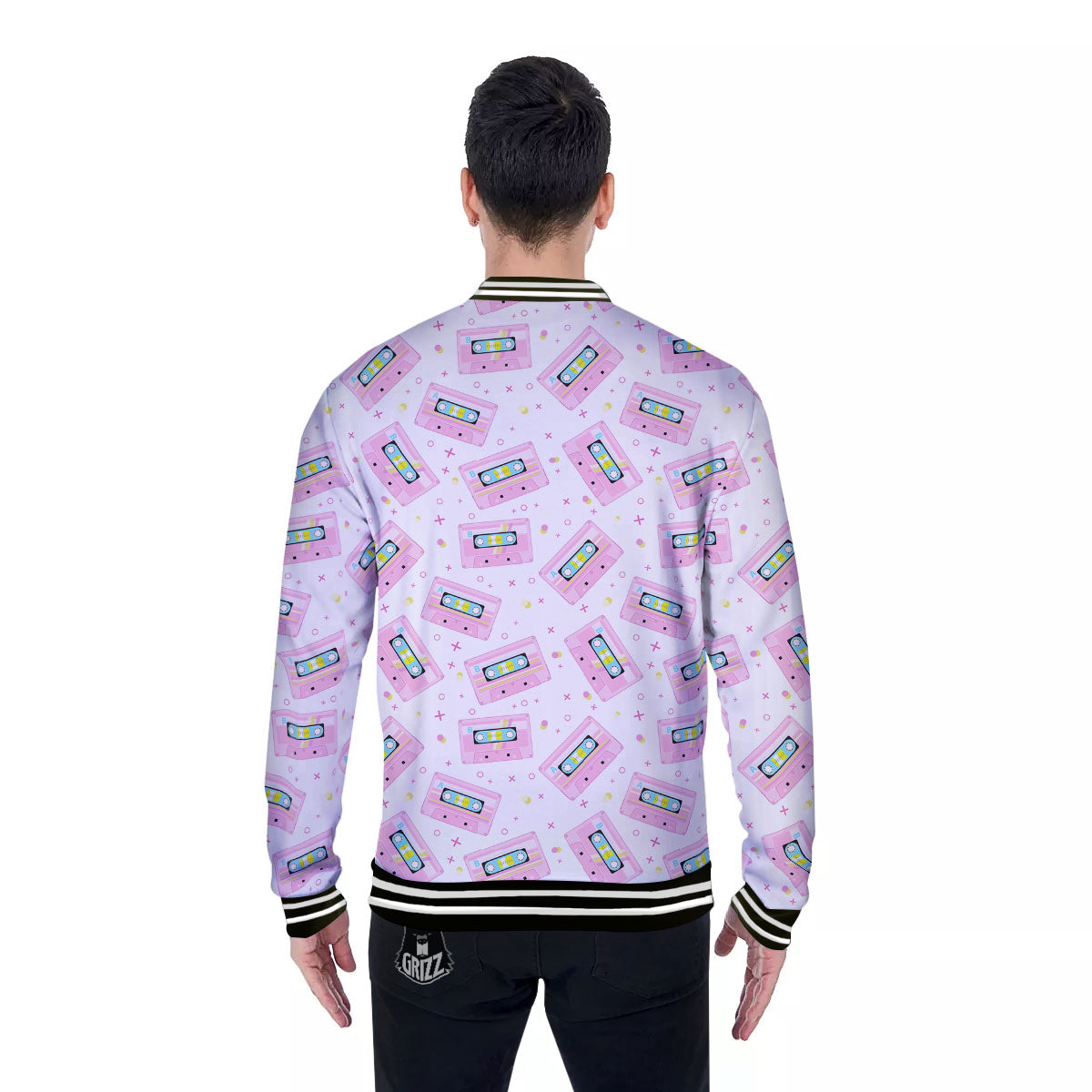 Pink Cassette Tape White Print Pattern Baseball Jacket-grizzshop