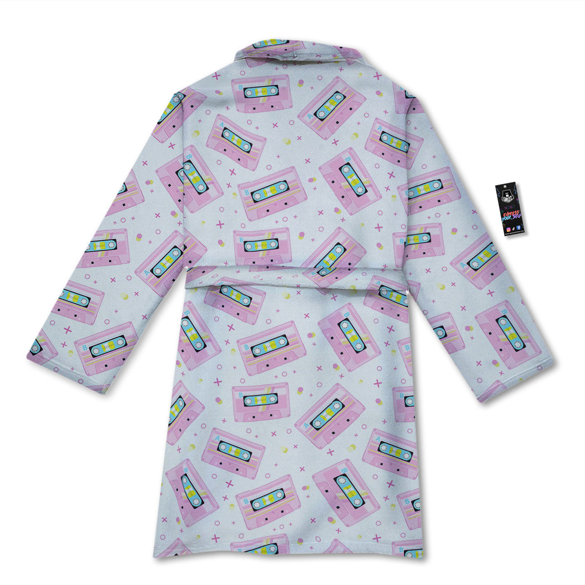 Pink Cassette Tape White Print Pattern Bathrobe-grizzshop