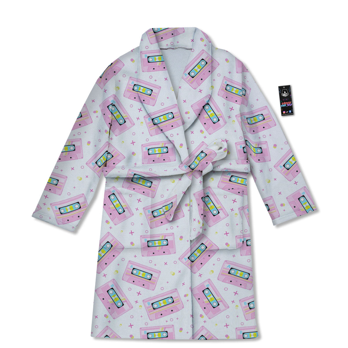 Pink Cassette Tape White Print Pattern Bathrobe-grizzshop