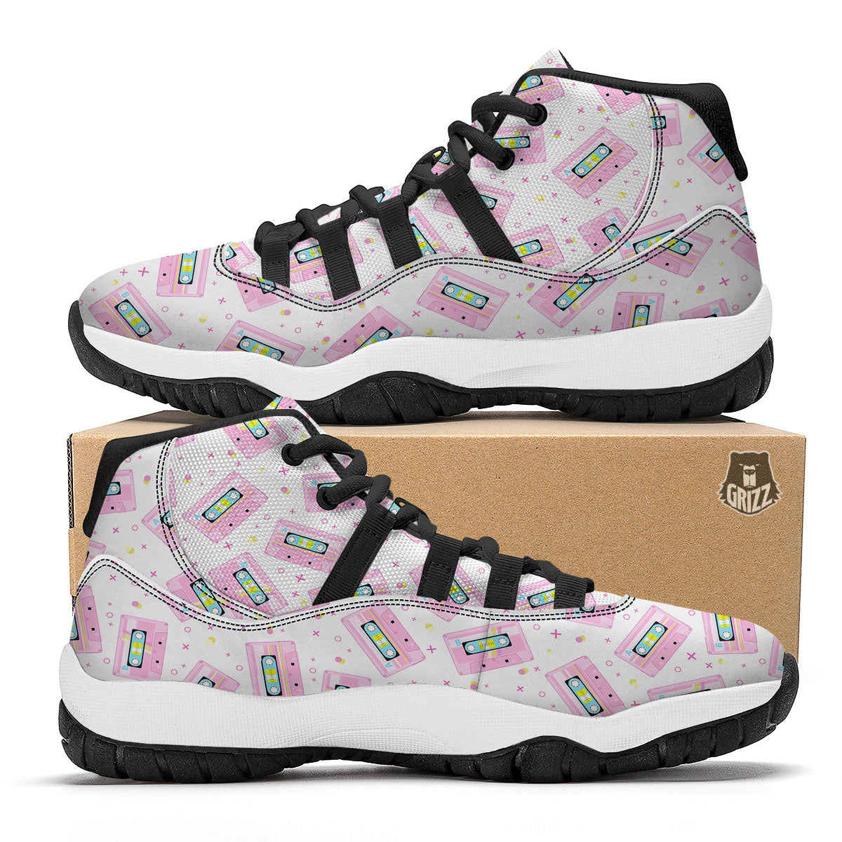 Pink Cassette Tape White Print Pattern Black Bball Shoes-grizzshop