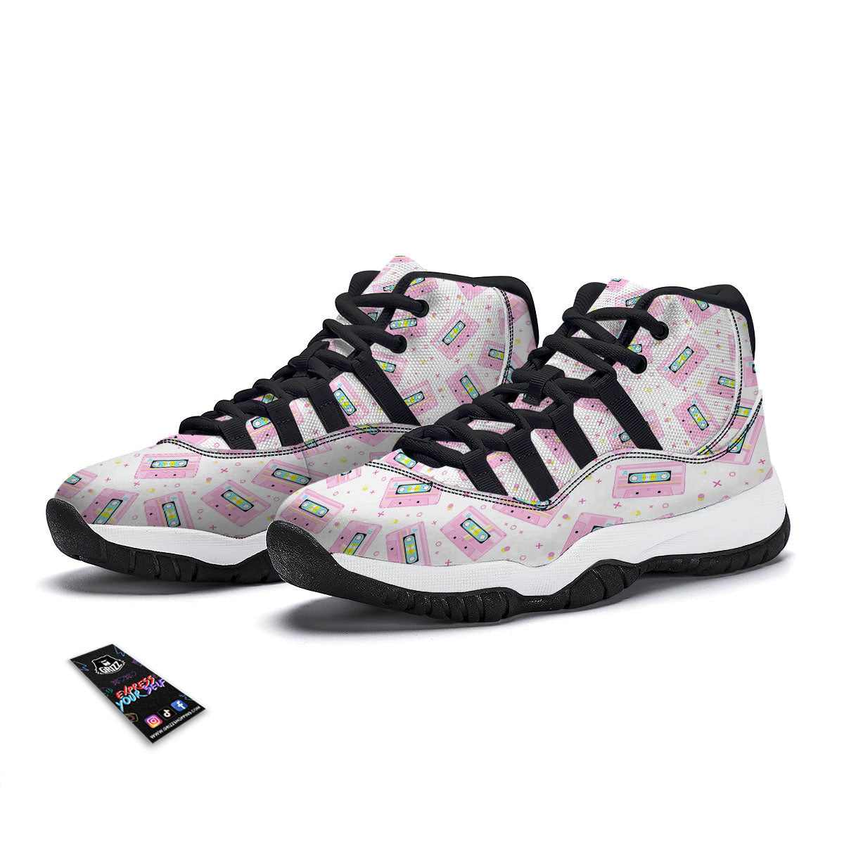 Pink Cassette Tape White Print Pattern Black Bball Shoes-grizzshop