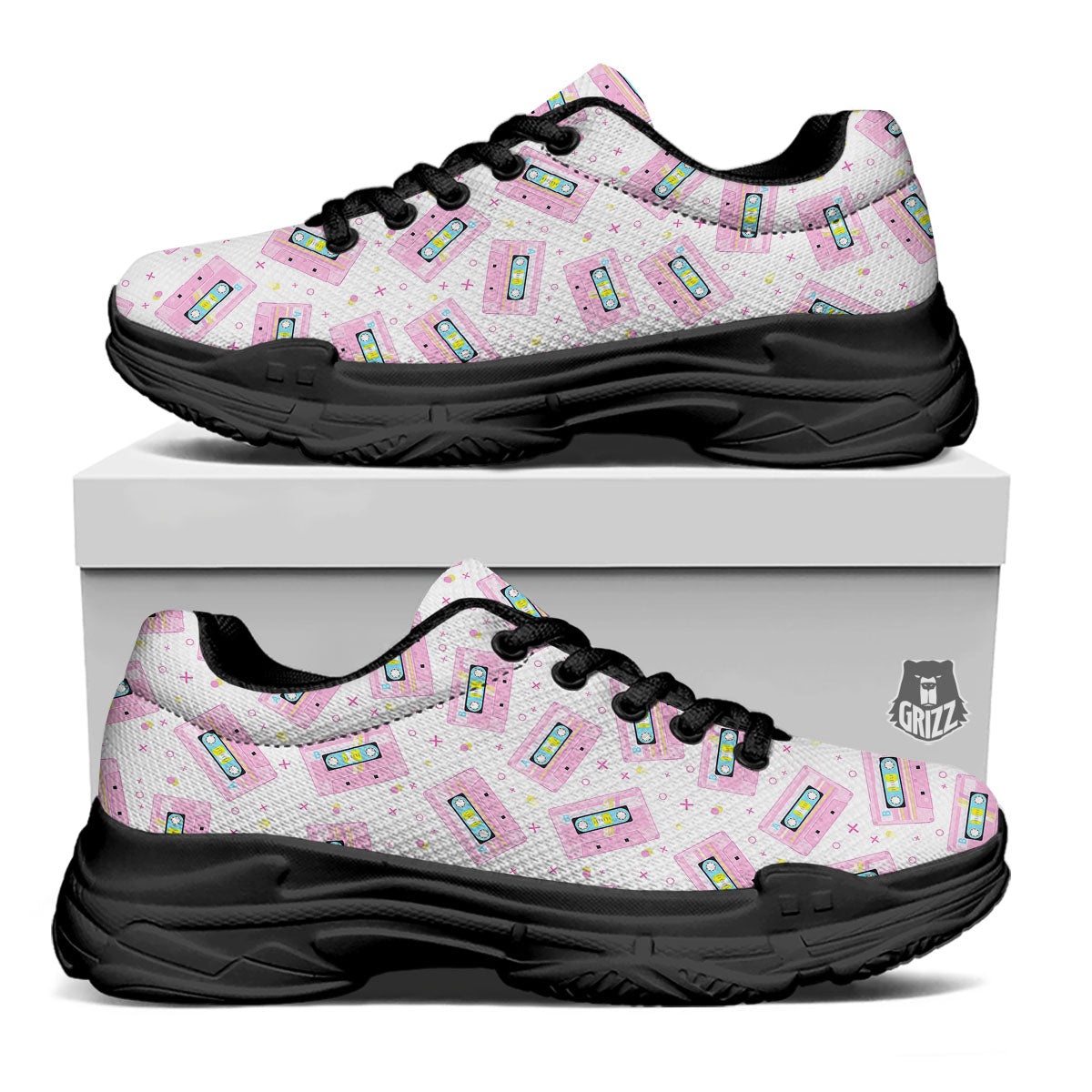 Pink Cassette Tape White Print Pattern Black Chunky Shoes-grizzshop