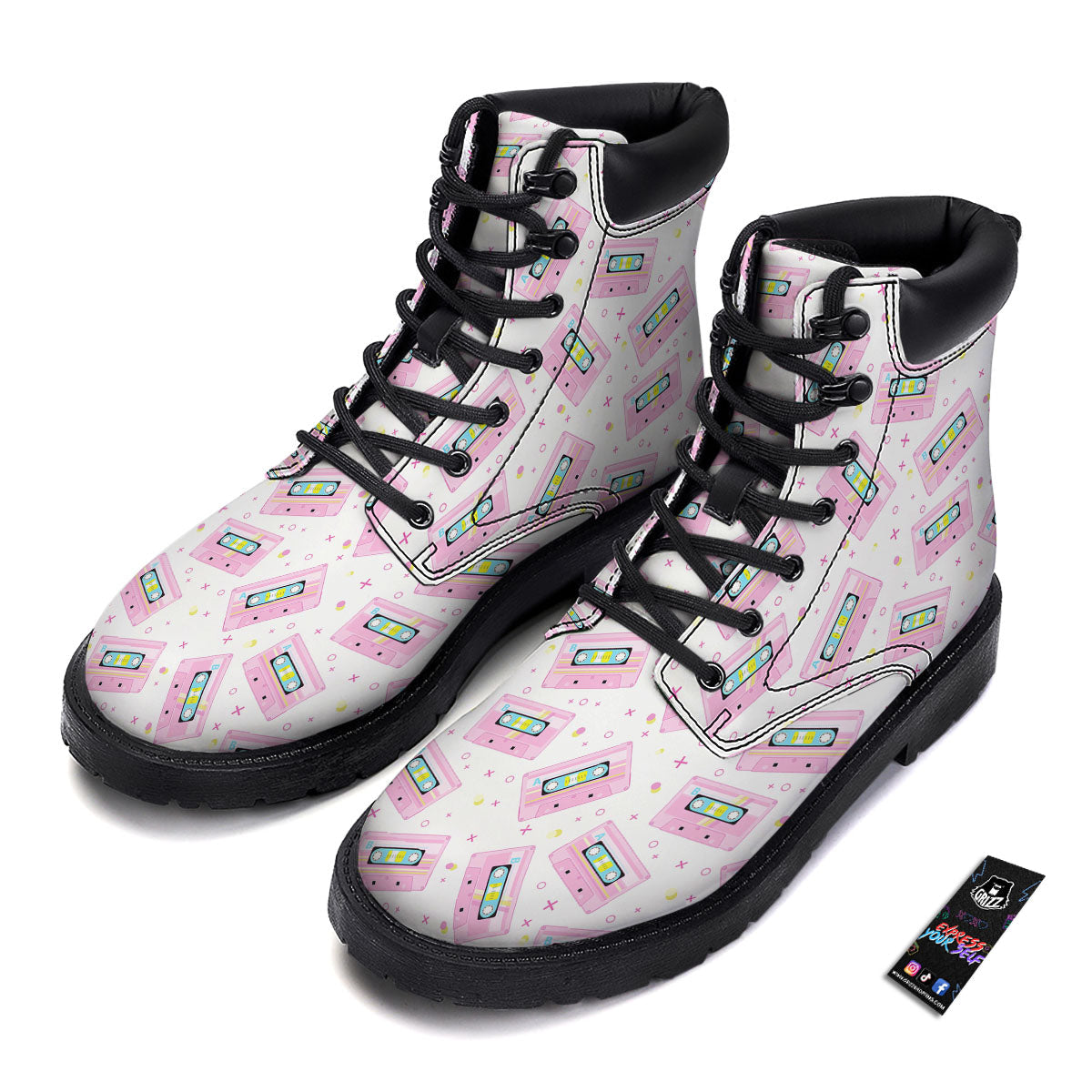 Pink Cassette Tape White Print Pattern Boots-grizzshop