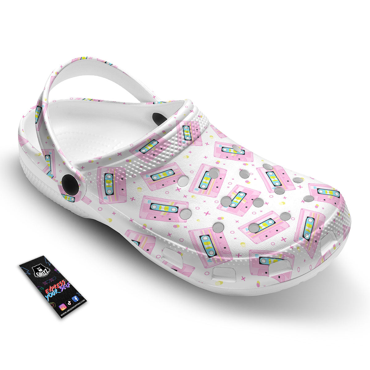 Pink Cassette Tape White Print Pattern Clog-grizzshop