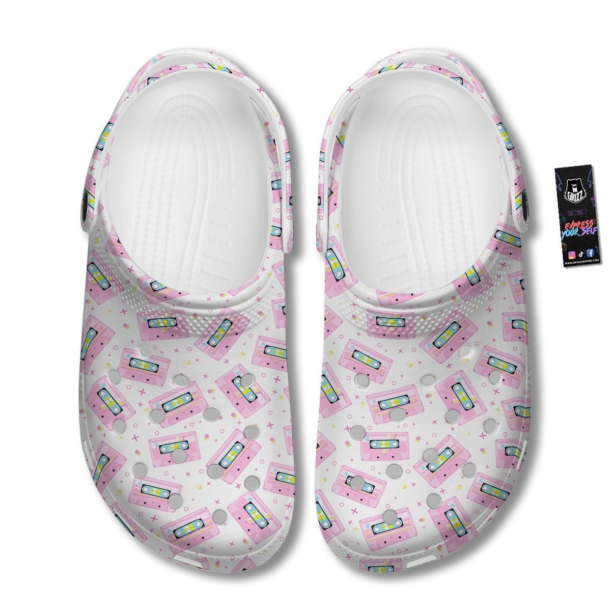 Pink Cassette Tape White Print Pattern Clog-grizzshop