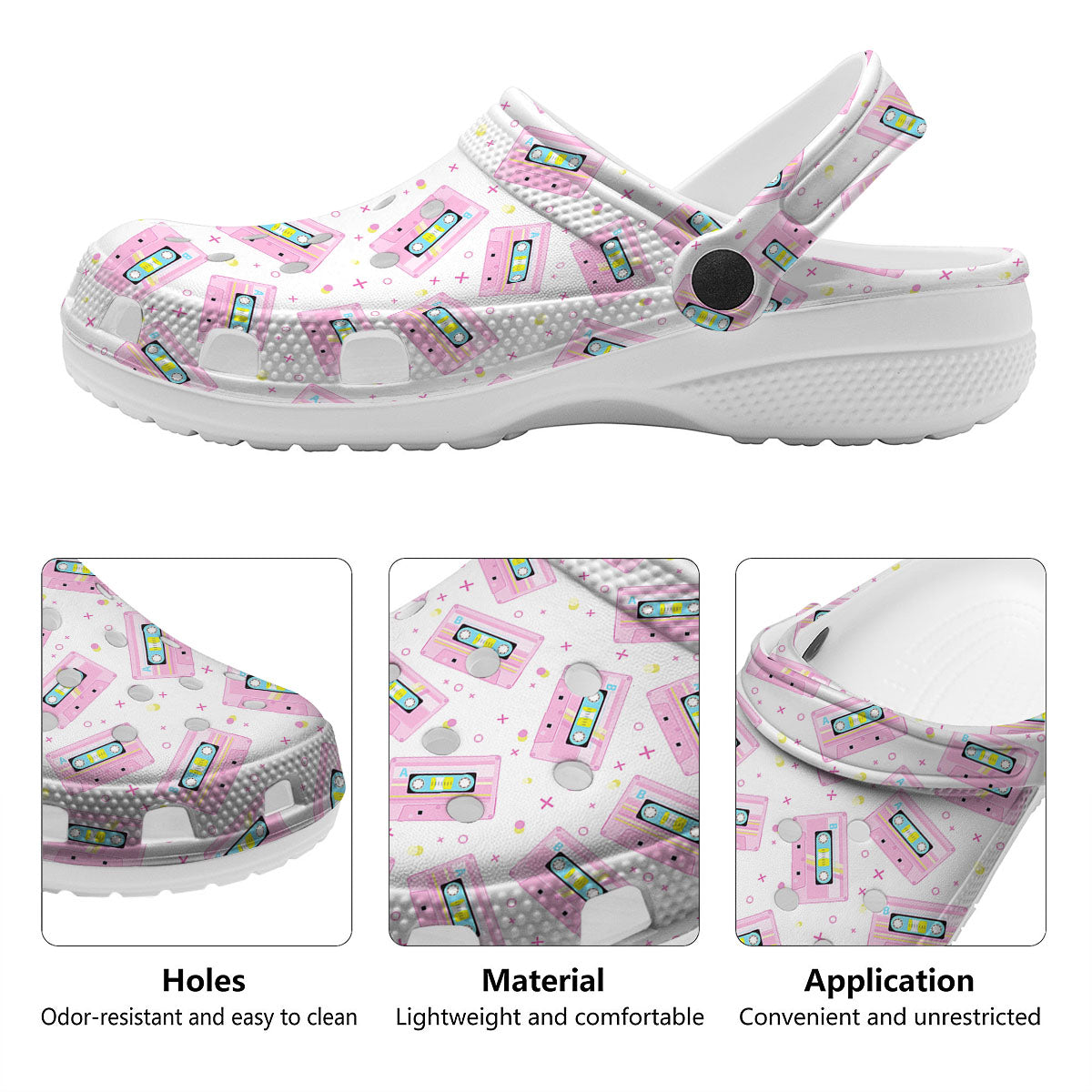 Pink Cassette Tape White Print Pattern Clog-grizzshop