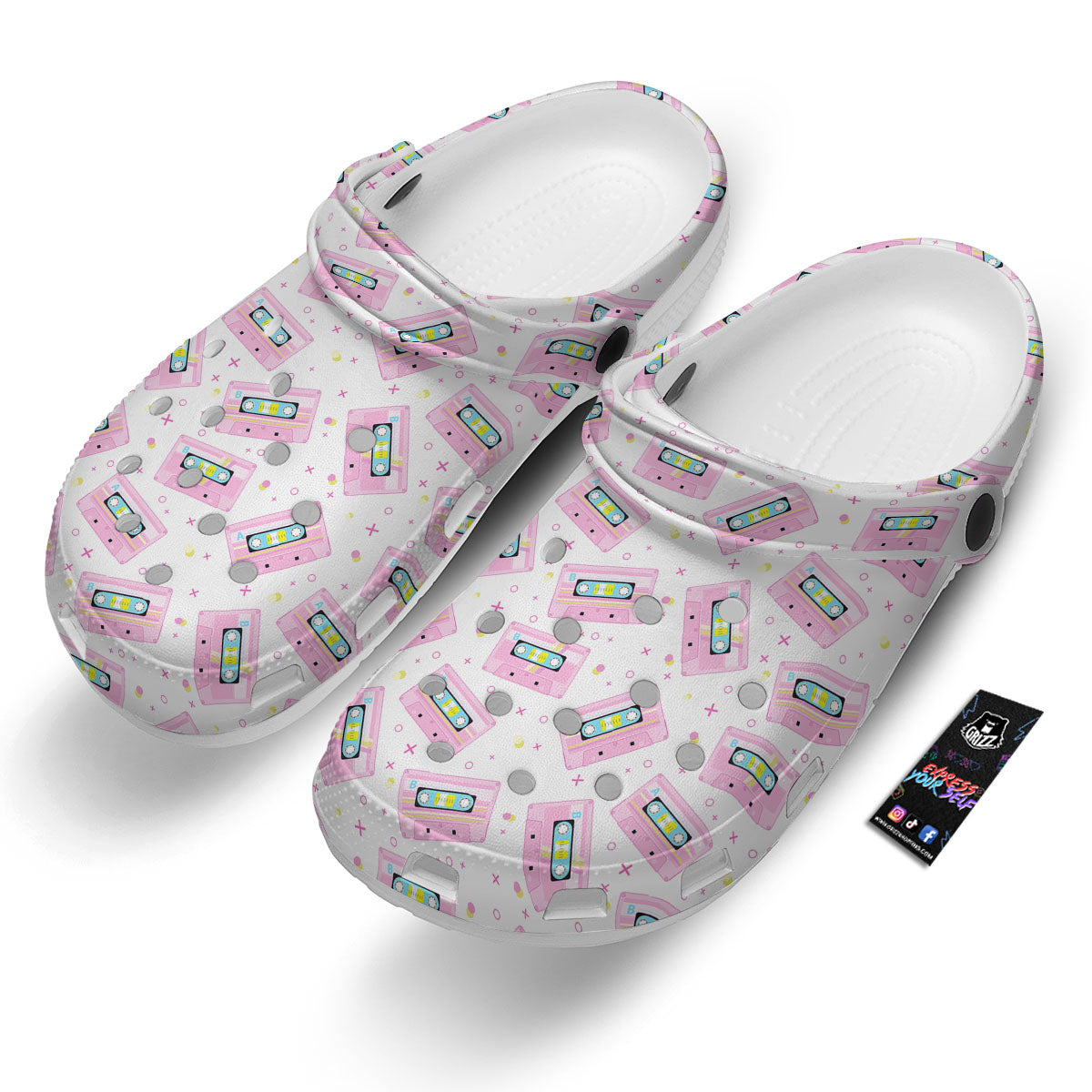 Pink Cassette Tape White Print Pattern Clog-grizzshop