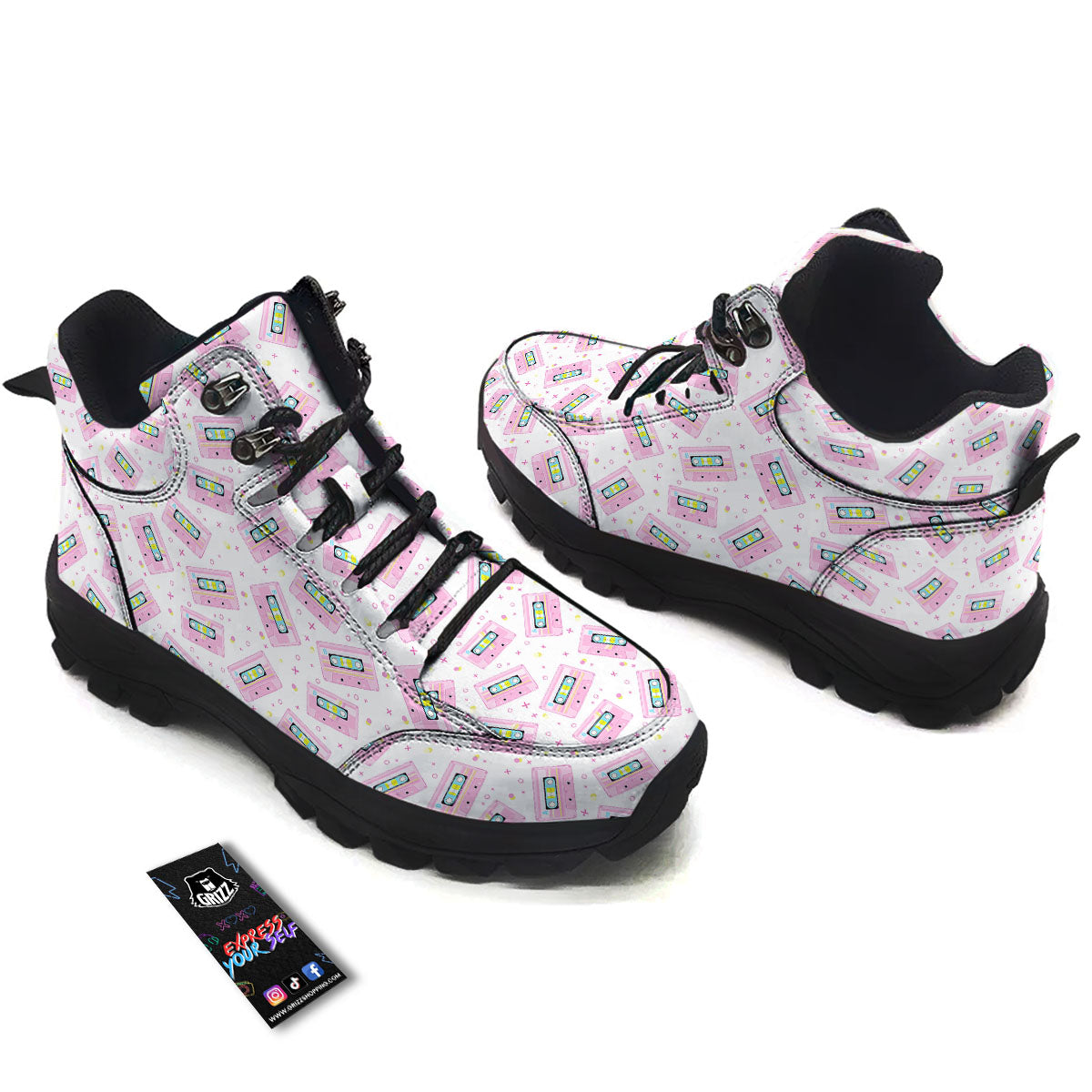 Pink Cassette Tape White Print Pattern Hiking Shoes-grizzshop