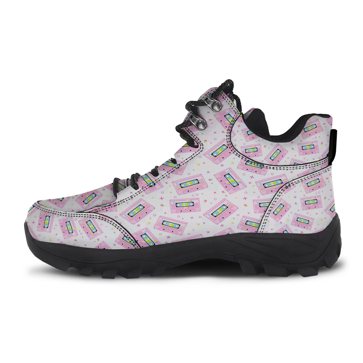 Pink Cassette Tape White Print Pattern Hiking Shoes-grizzshop
