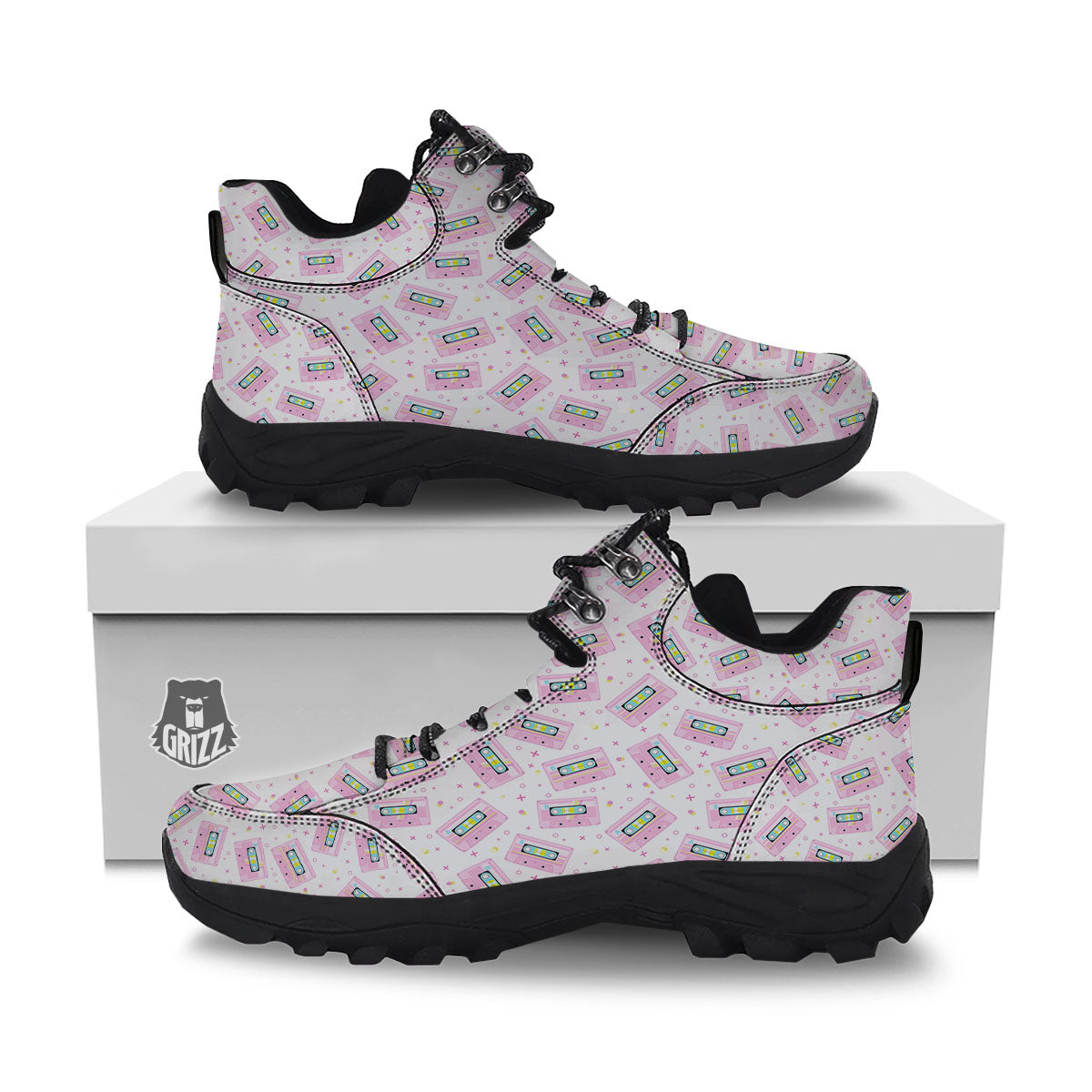 Pink Cassette Tape White Print Pattern Hiking Shoes-grizzshop