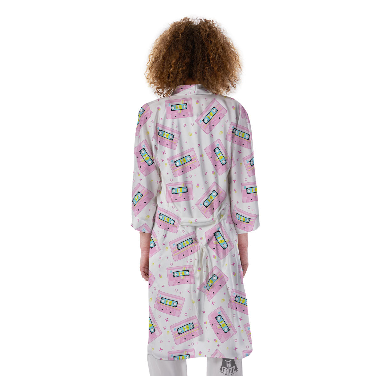 Pink Cassette Tape White Print Pattern Kimono-grizzshop