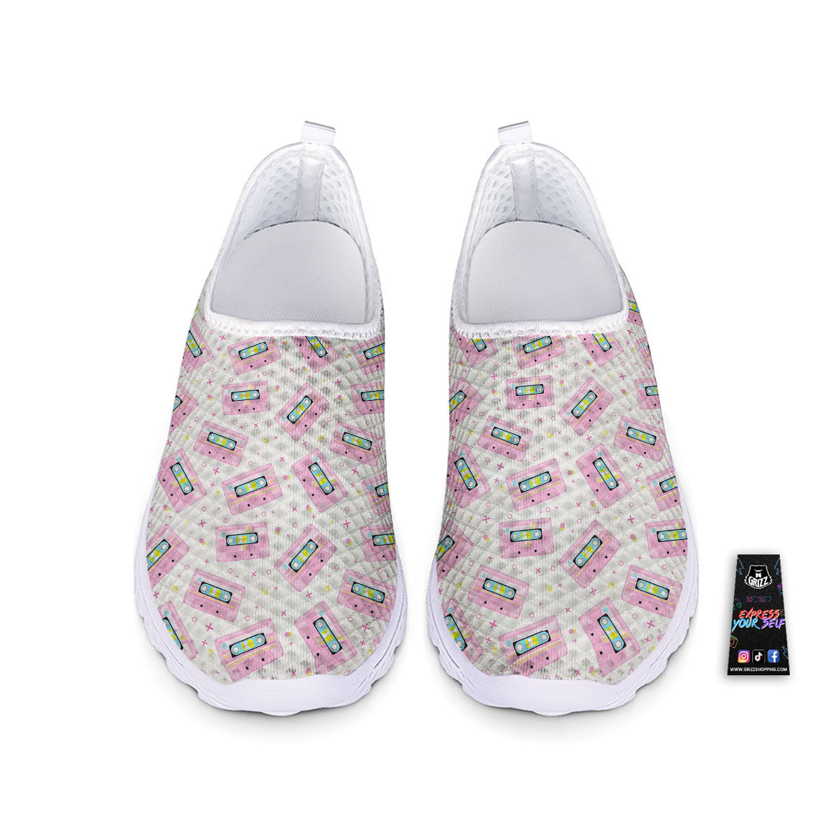 Pink Cassette Tape White Print Pattern Nurse Shoes-grizzshop