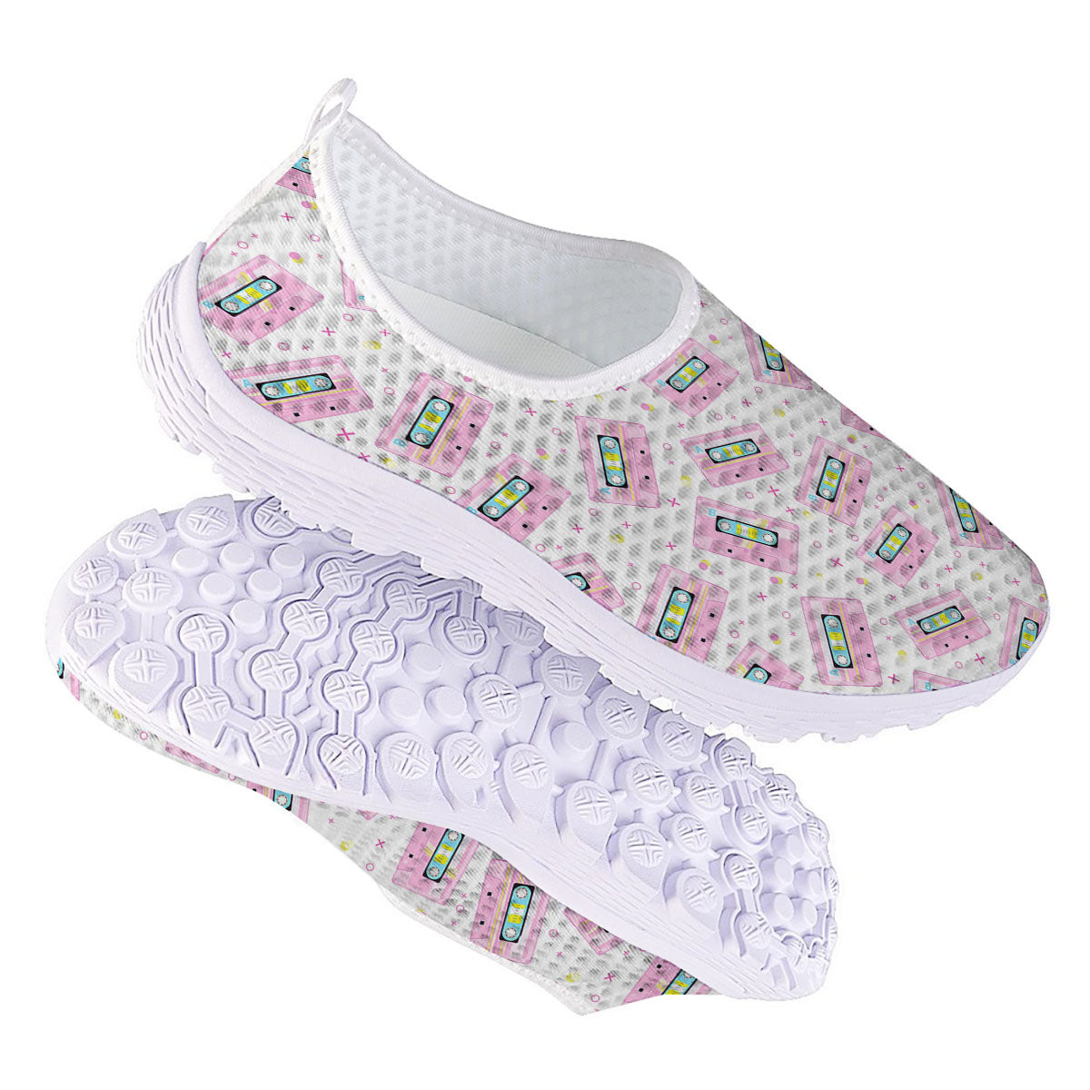 Pink Cassette Tape White Print Pattern Nurse Shoes-grizzshop