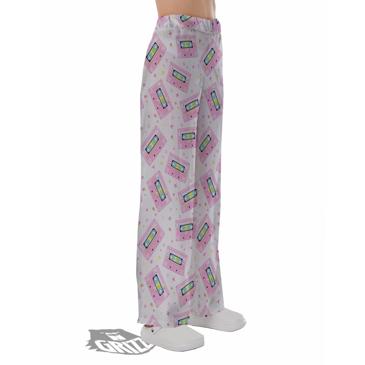 Pink Cassette Tape White Print Pattern Pajama Pants-grizzshop