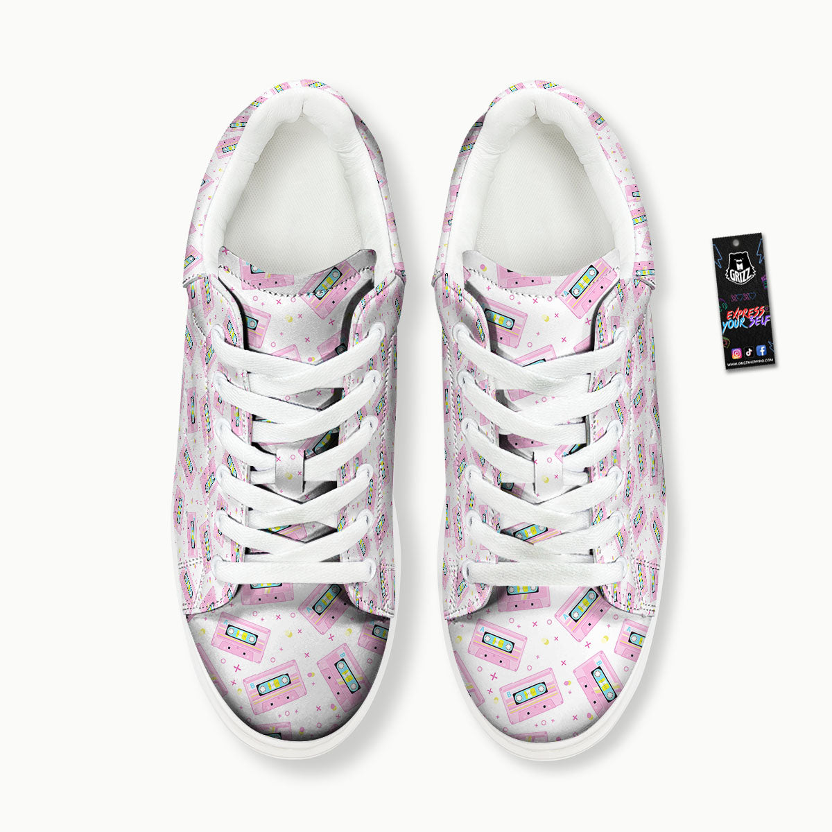 Pink Cassette Tape White Print Pattern Platform Shoes-grizzshop