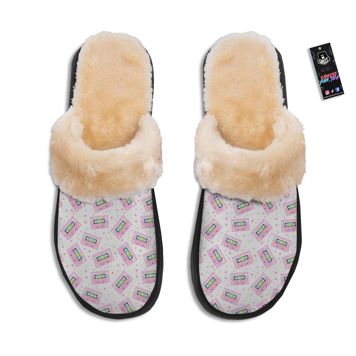 Pink Cassette Tape White Print Pattern Slippers-grizzshop