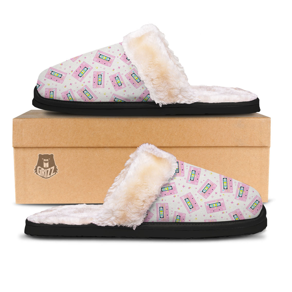 Pink Cassette Tape White Print Pattern Slippers-grizzshop