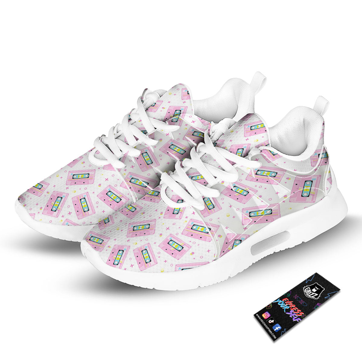 Pink Cassette Tape White Print Pattern Tennis Shoes-grizzshop