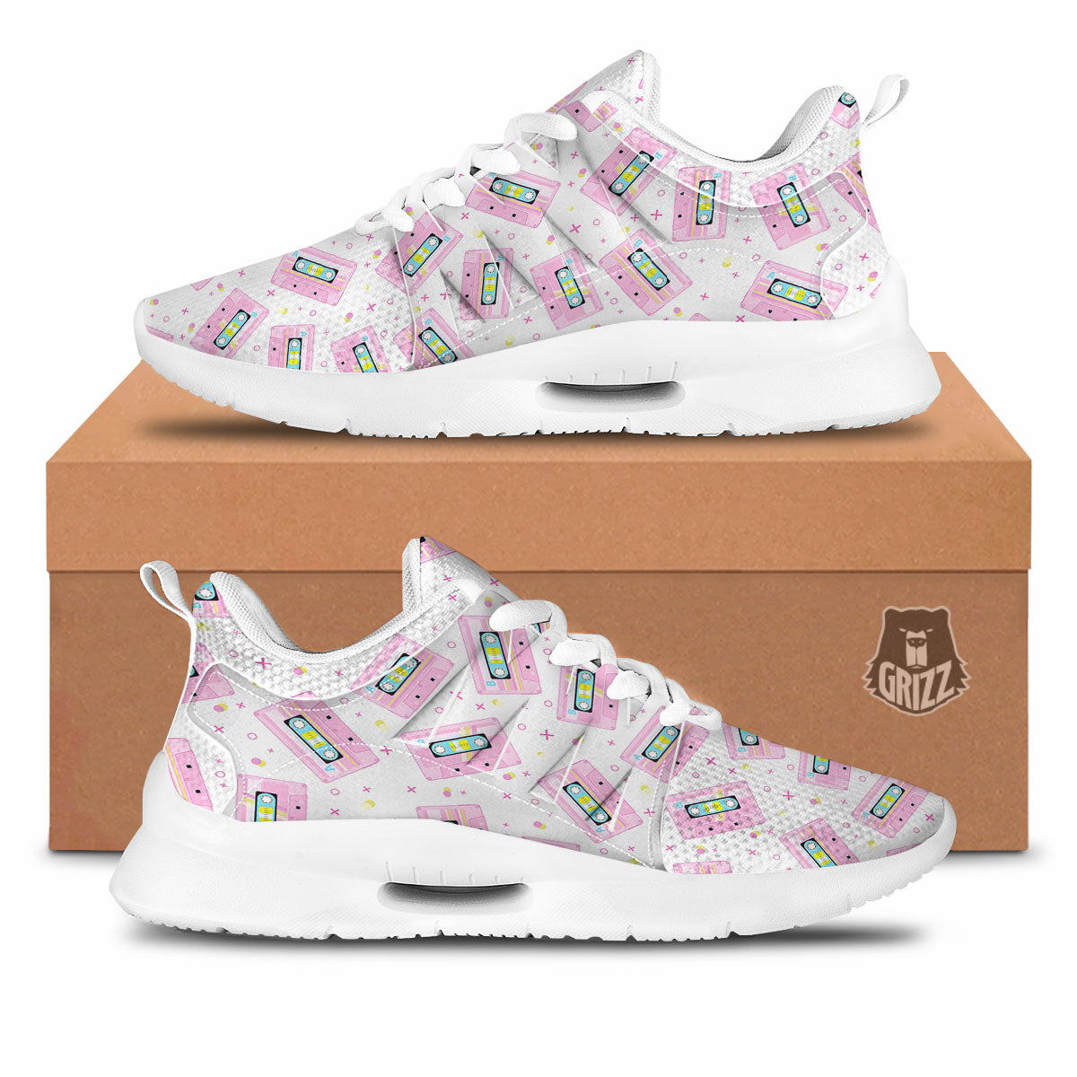 Pink Cassette Tape White Print Pattern Tennis Shoes-grizzshop