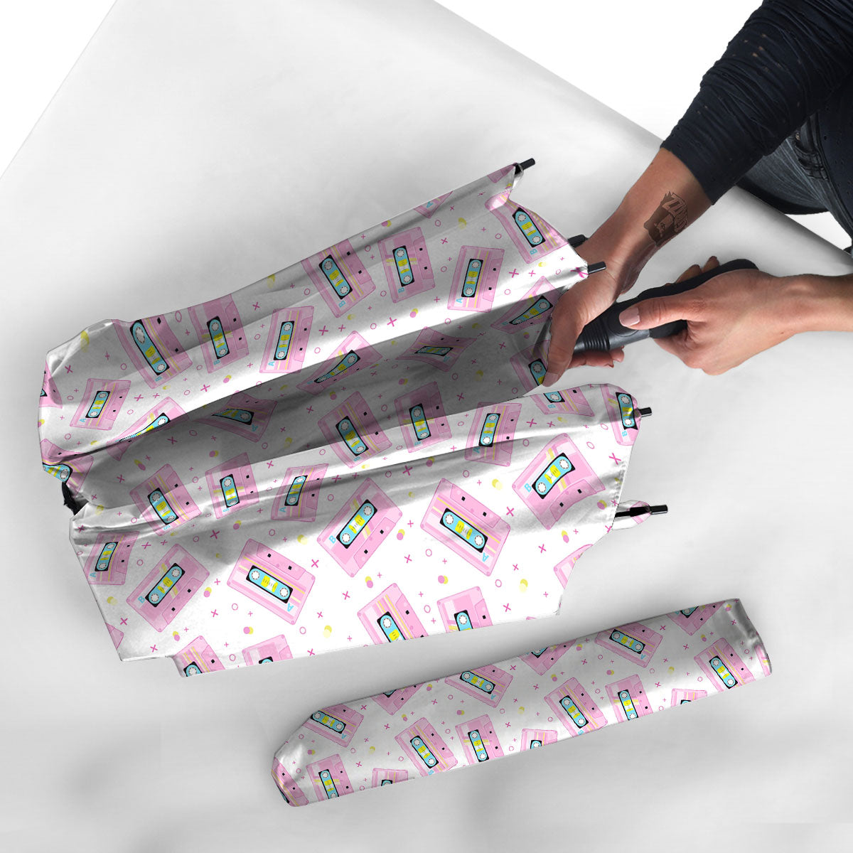 Pink Cassette Tape White Print Pattern Umbrella-grizzshop