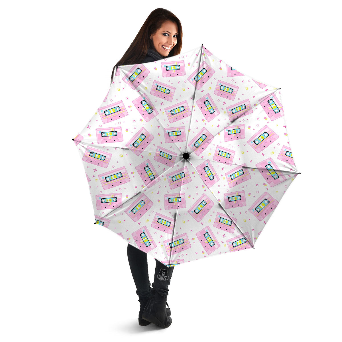 Pink Cassette Tape White Print Pattern Umbrella-grizzshop