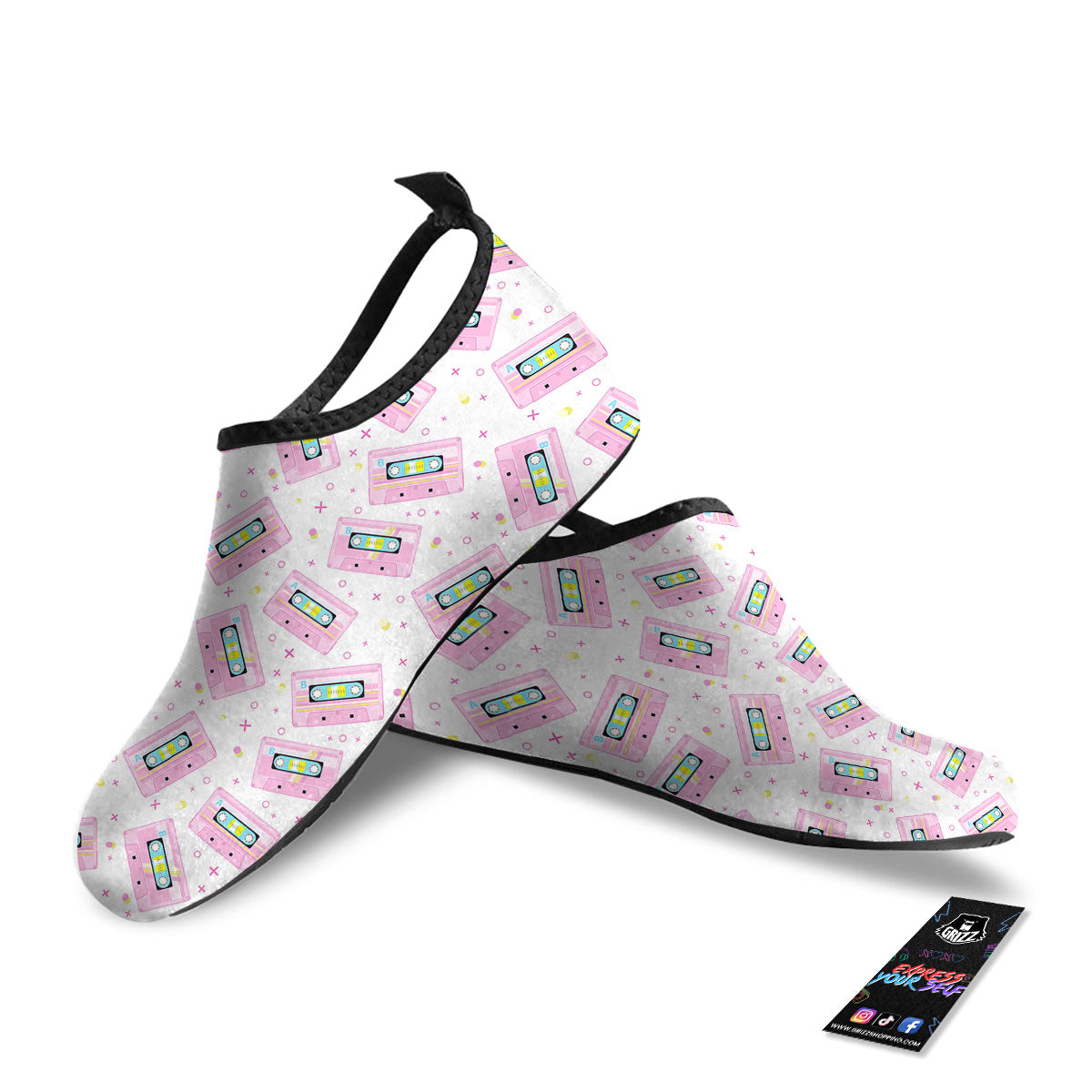 Pink Cassette Tape White Print Pattern Water Shoes-grizzshop
