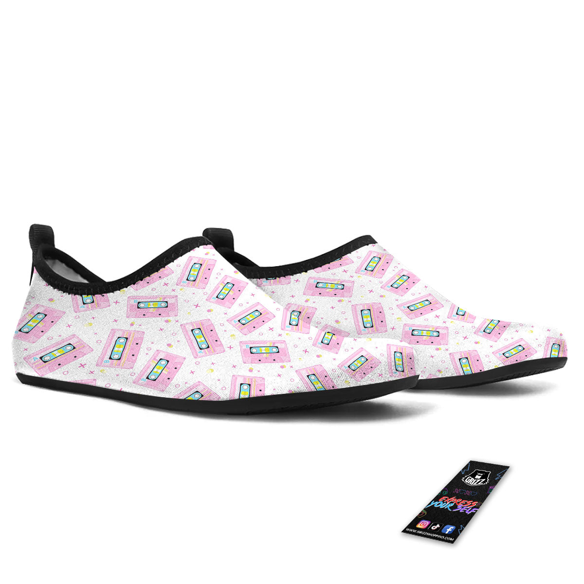 Pink Cassette Tape White Print Pattern Water Shoes-grizzshop