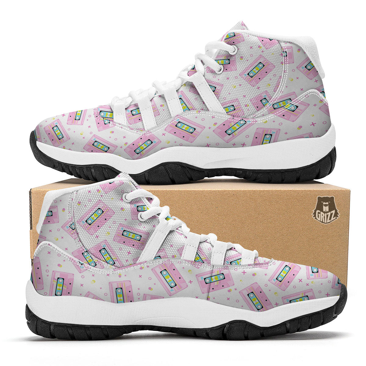 Pink Cassette Tape White Print Pattern White Bball Shoes-grizzshop