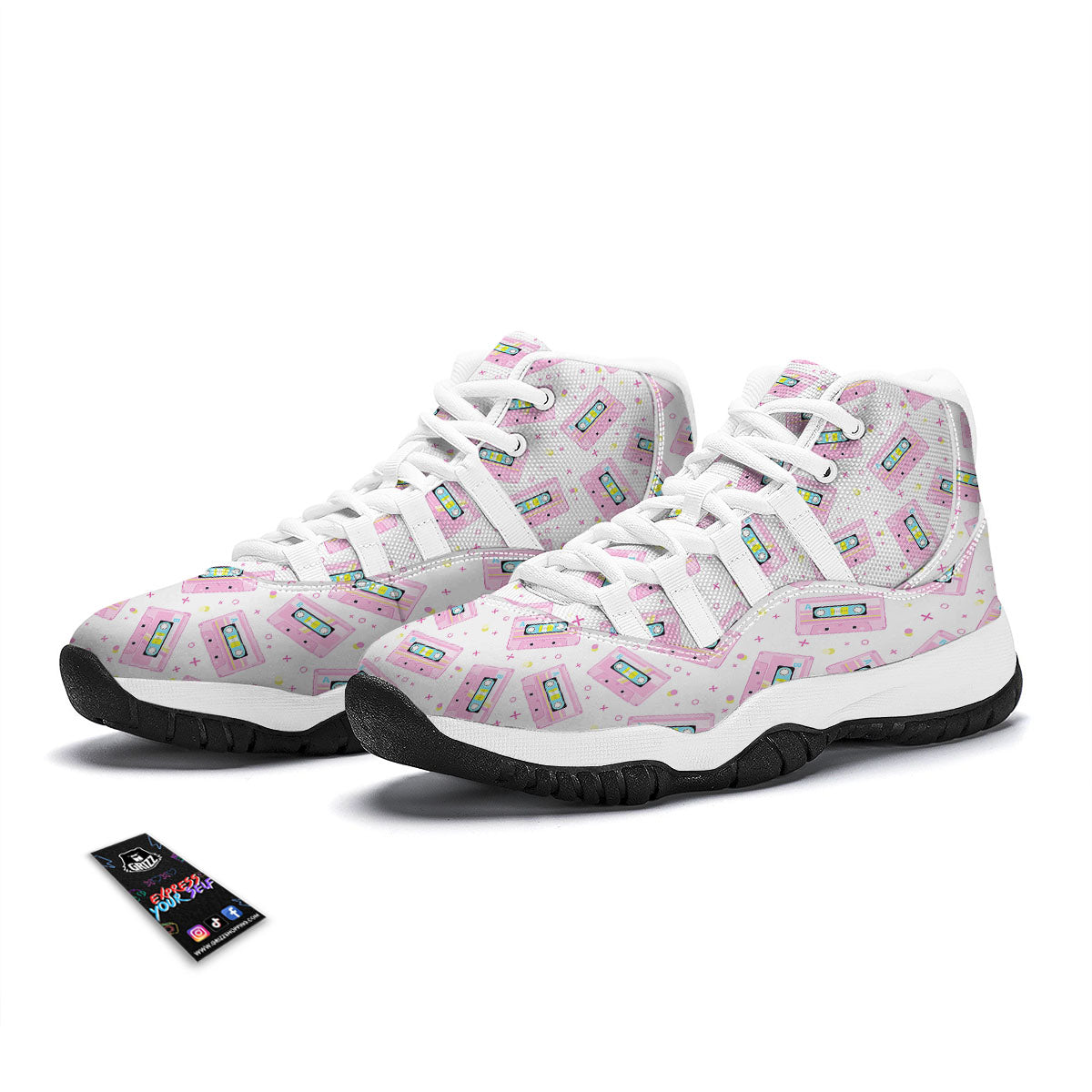 Pink Cassette Tape White Print Pattern White Bball Shoes-grizzshop