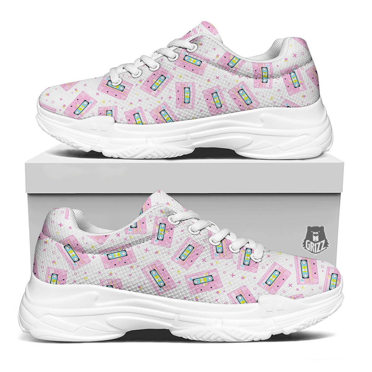Pink Cassette Tape White Print Pattern White Chunky Shoes-grizzshop